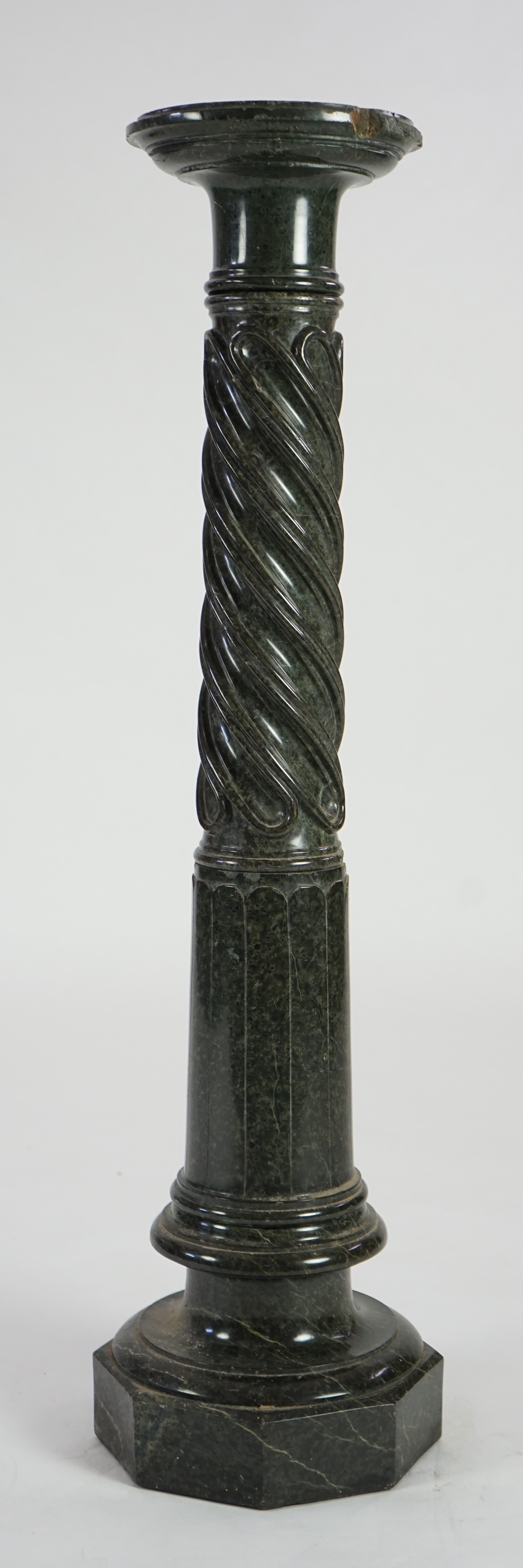 A Victorian green serpentine pedestal with spiral fluted column on octagonal plinth, 110cm high. Condition - fair